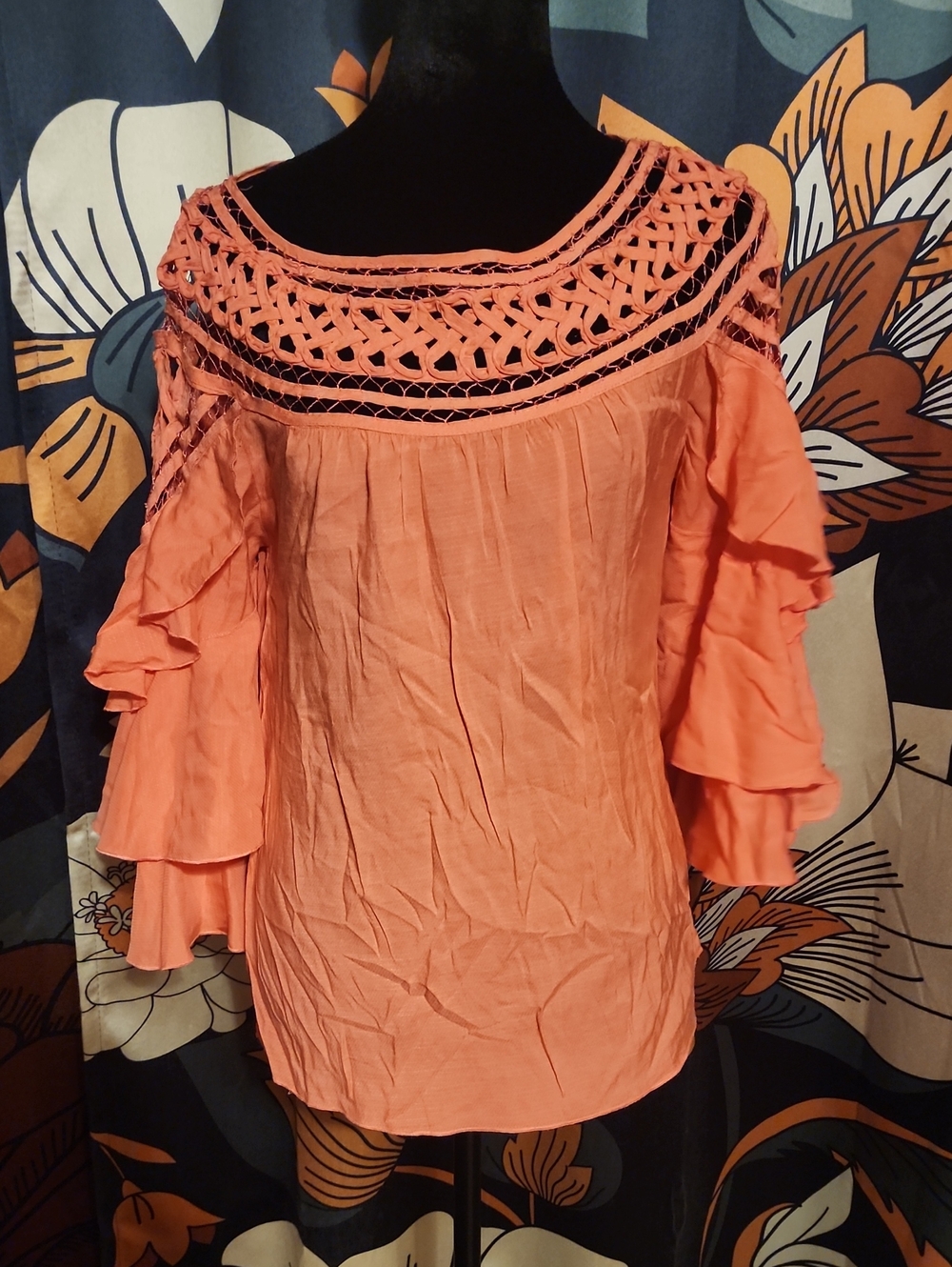Esley Coral Crochet Yoke Ruffle Sleeve Blouse
